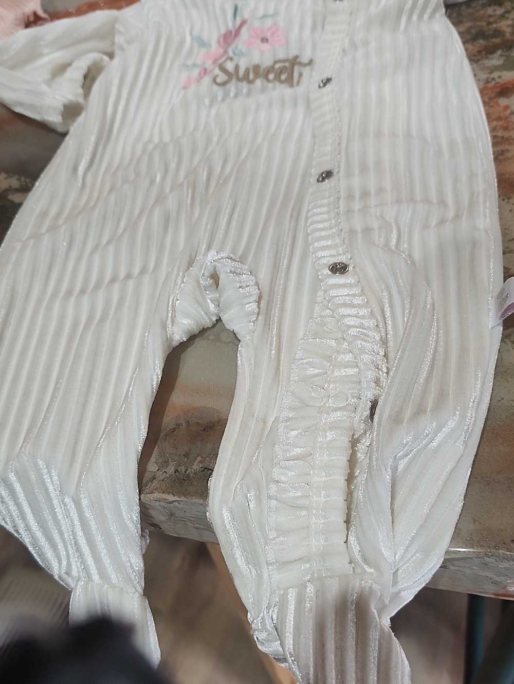 White Ribbed Baby Footie with Pink Floral 'Sweet' Embroidery